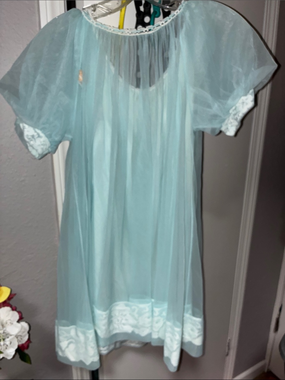 Miss Elaine Sheer Aqua Puff-Sleeve Peignoir - Picture 10 of 15